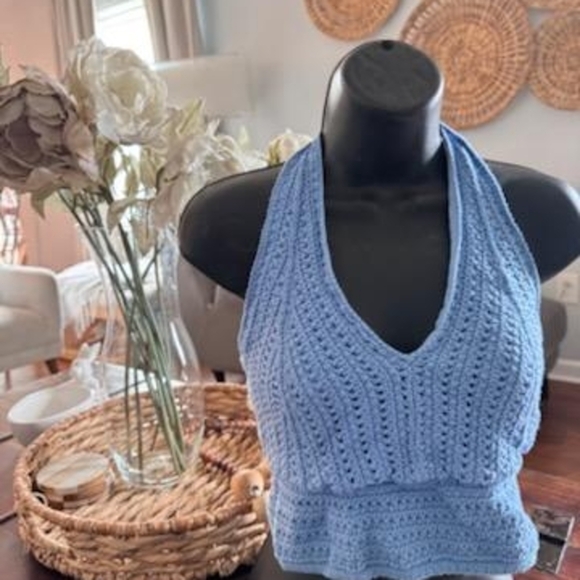 Blue Crochet Halter Knit‎ Top - Picture 3 of 4